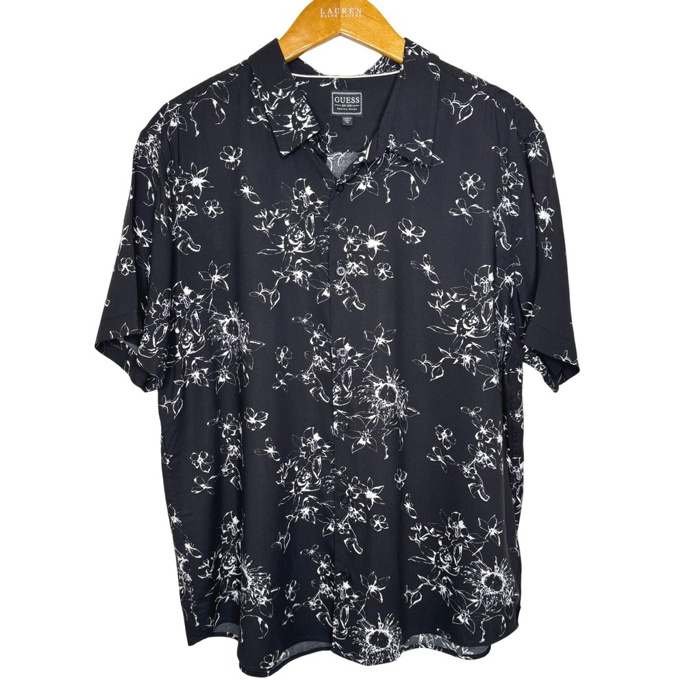 Guess Button Front Black Floral Shirt XL Mens Slim Fit